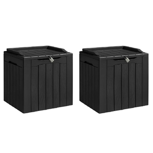 Set of two black 31-gallon deck boxes with a slatted design and lockable lids, suitable for outdoor storage.