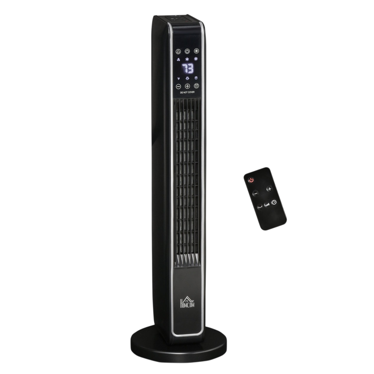 A black tower fan with digital controls and a remote, featuring LED display and various function icons.