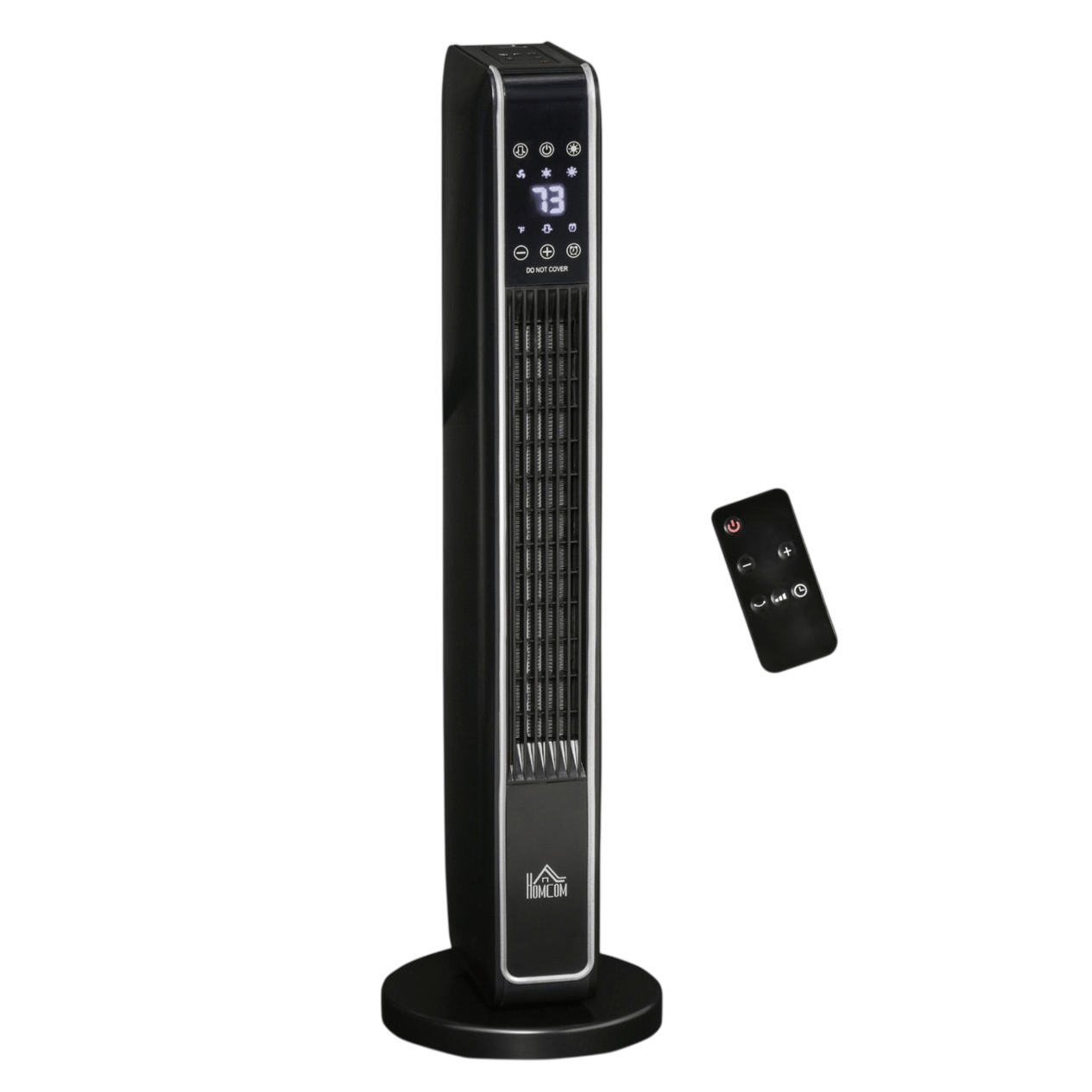 A black tower fan with digital controls and a remote, featuring LED display and various function icons.