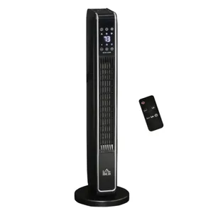 A black tower fan with digital controls and a remote, featuring LED display and various function icons.