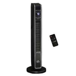 A black tower fan with digital controls and a remote, featuring LED display and various function icons.
