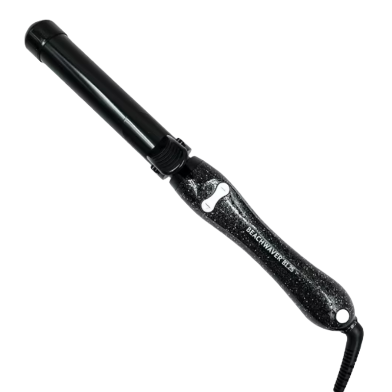 A black Beachwaver B1.25 curling iron with a speckled handle, featuring simple control buttons and a rotating barrel design.