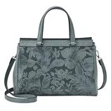 A teal handbag with floral embossing, featuring dual handles and an adjustable shoulder strap.