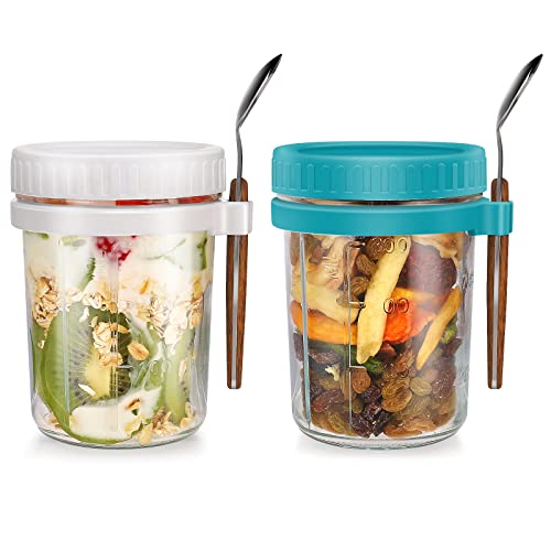 Two glass meal prep jars with colored screw-on lids, each with a wooden-handled spoon attached to the side via a silicone band.