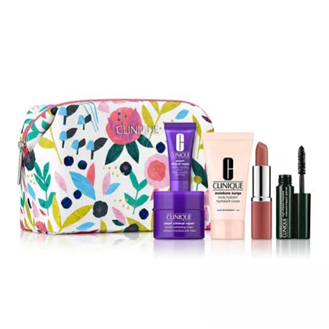 A Clinique floral makeup bag with Smart Clinical Repair serum, Moisture Surge hydrator, a brown lipstick, black mascara, and  a purple anti-aging cream.