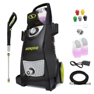 Sun Joe electric pressure washer with spray gun, various nozzles, detergent bottles, hose, and adapter.