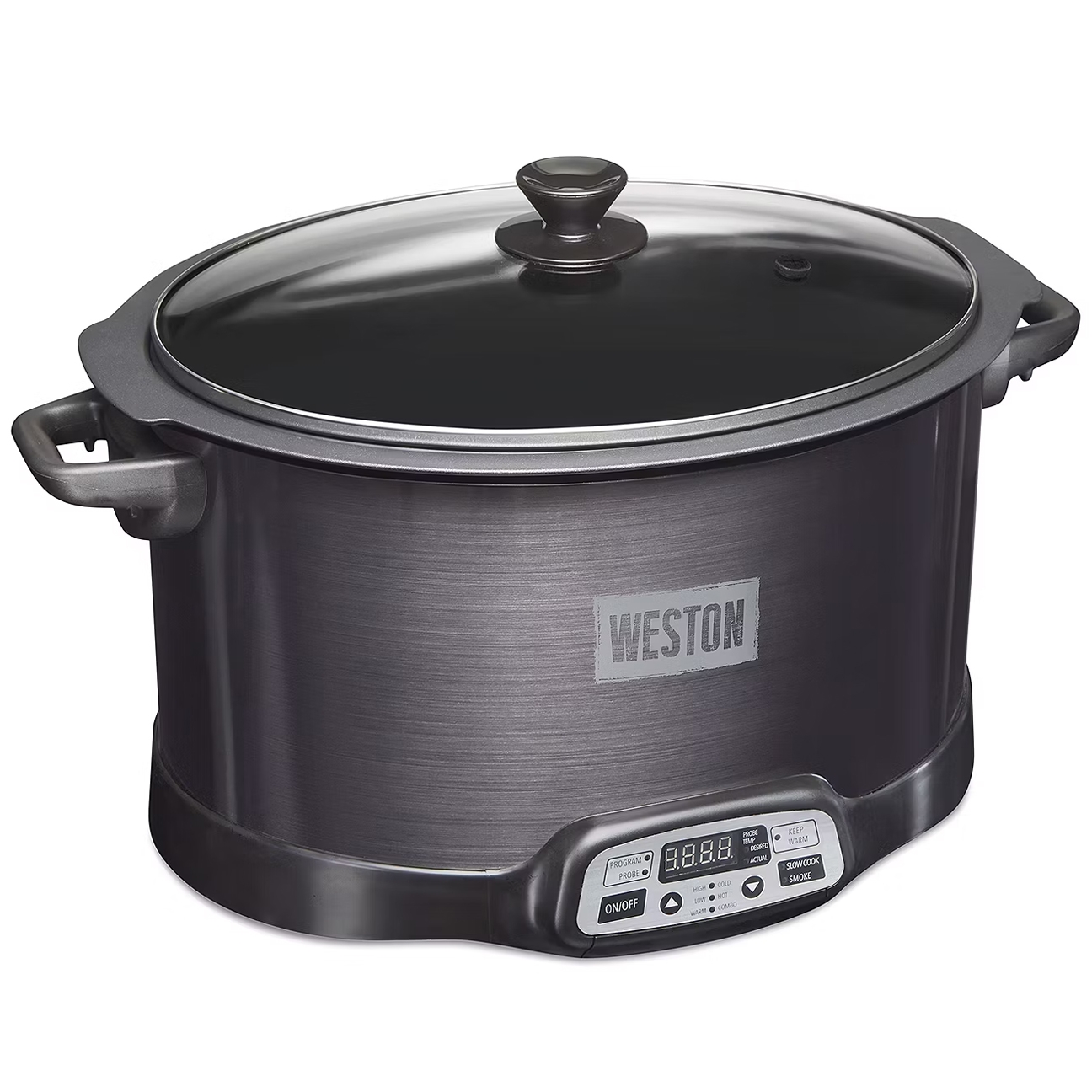 The Weston Indoor Smoker & Slow Cooker is a versatile appliance with a digital control panel and a large nonstick interior. It features a glass lid and sturdy handles for easy transport.