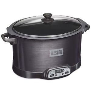 The Weston Indoor Smoker & Slow Cooker is a versatile appliance with a digital control panel and a large nonstick interior. It features a glass lid and sturdy handles for easy transport.