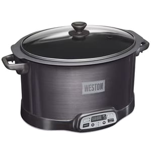 The Weston Indoor Smoker & Slow Cooker is a versatile appliance with a digital control panel and a large nonstick interior. It features a glass lid and sturdy handles for easy transport.