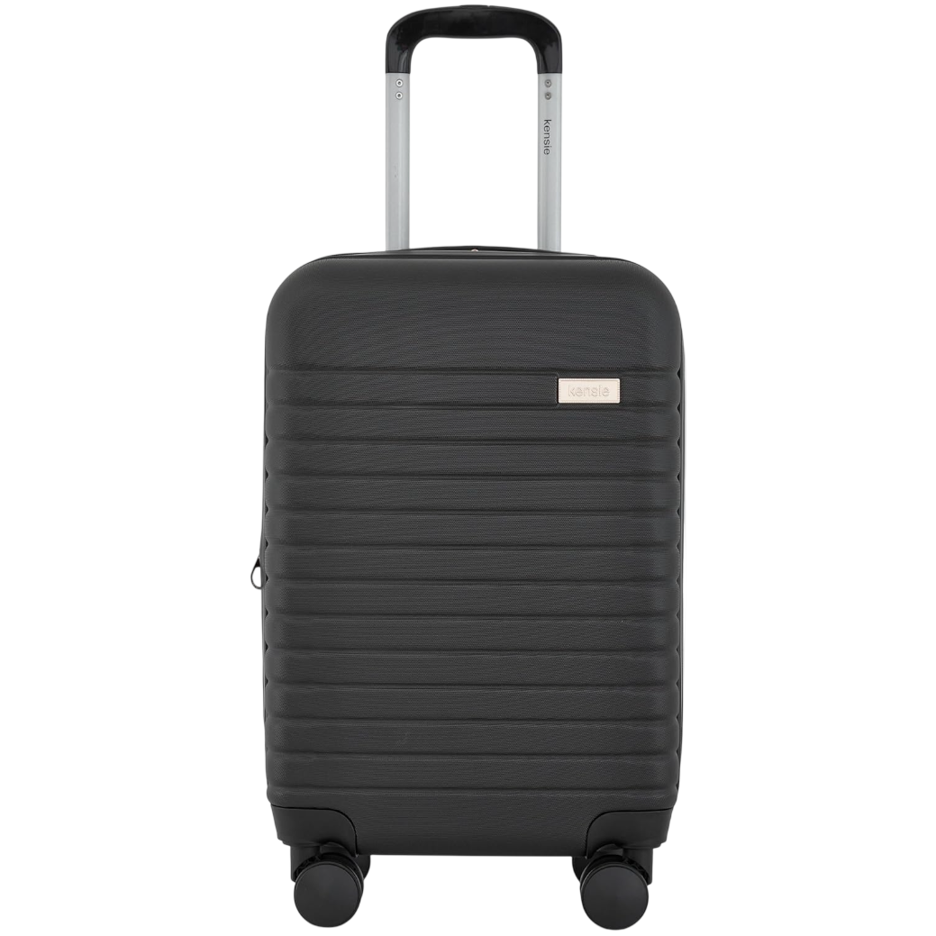 A black Kensie rolling suitcase with a ridged design, telescopic handle, and four spinner wheels for easy mobility.