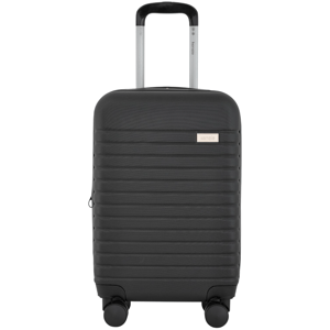 A black Kensie rolling suitcase with a ridged design, telescopic handle, and four spinner wheels for easy mobility.