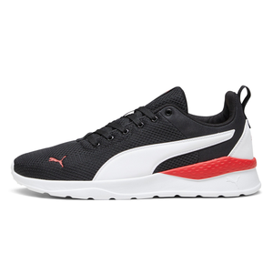 Puma Men's Lite Sneakers feature a black mesh upper, white Puma formstrip, red accents on the midsole, and a white rubber outsole. The design includes black laces and a heel tab for easy wear.