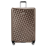 Brown hard-shell suitcase with diagonal lines, featuring four spinner wheels and a telescopic handle.