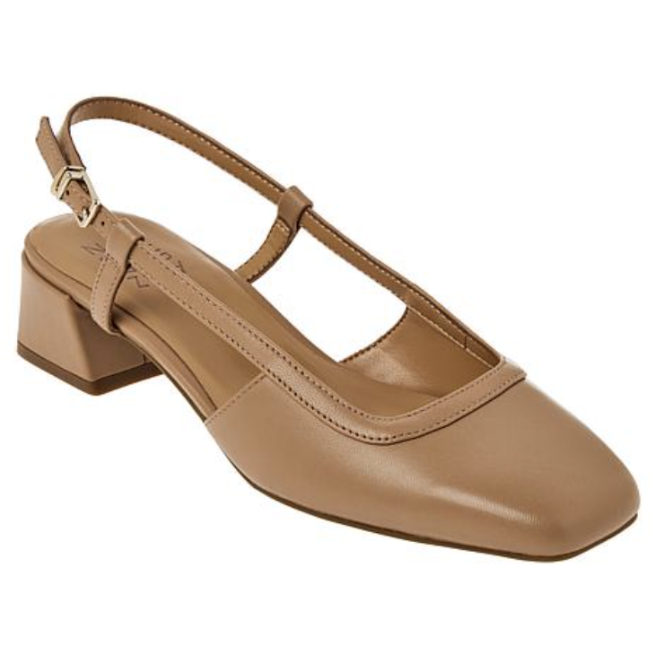 A beige slingback sandal with a low block heel, featuring a T-strap design and a small buckle closure.