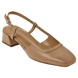 A beige slingback sandal with a low block heel, featuring a T-strap design and a small buckle closure.