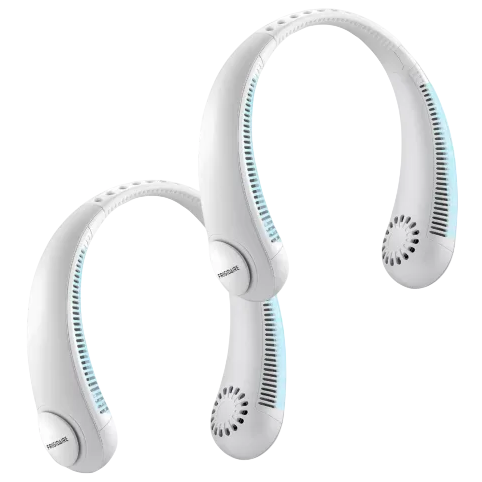 Two white wearable neck fans with vents and a flexible design for cooling.