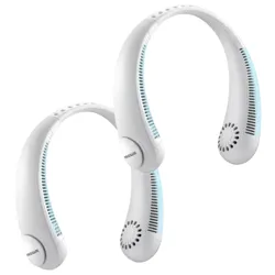 Two white wearable neck fans with vents and a flexible design for cooling.