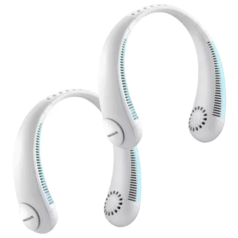 Two white wearable neck fans with vents and a flexible design for cooling.