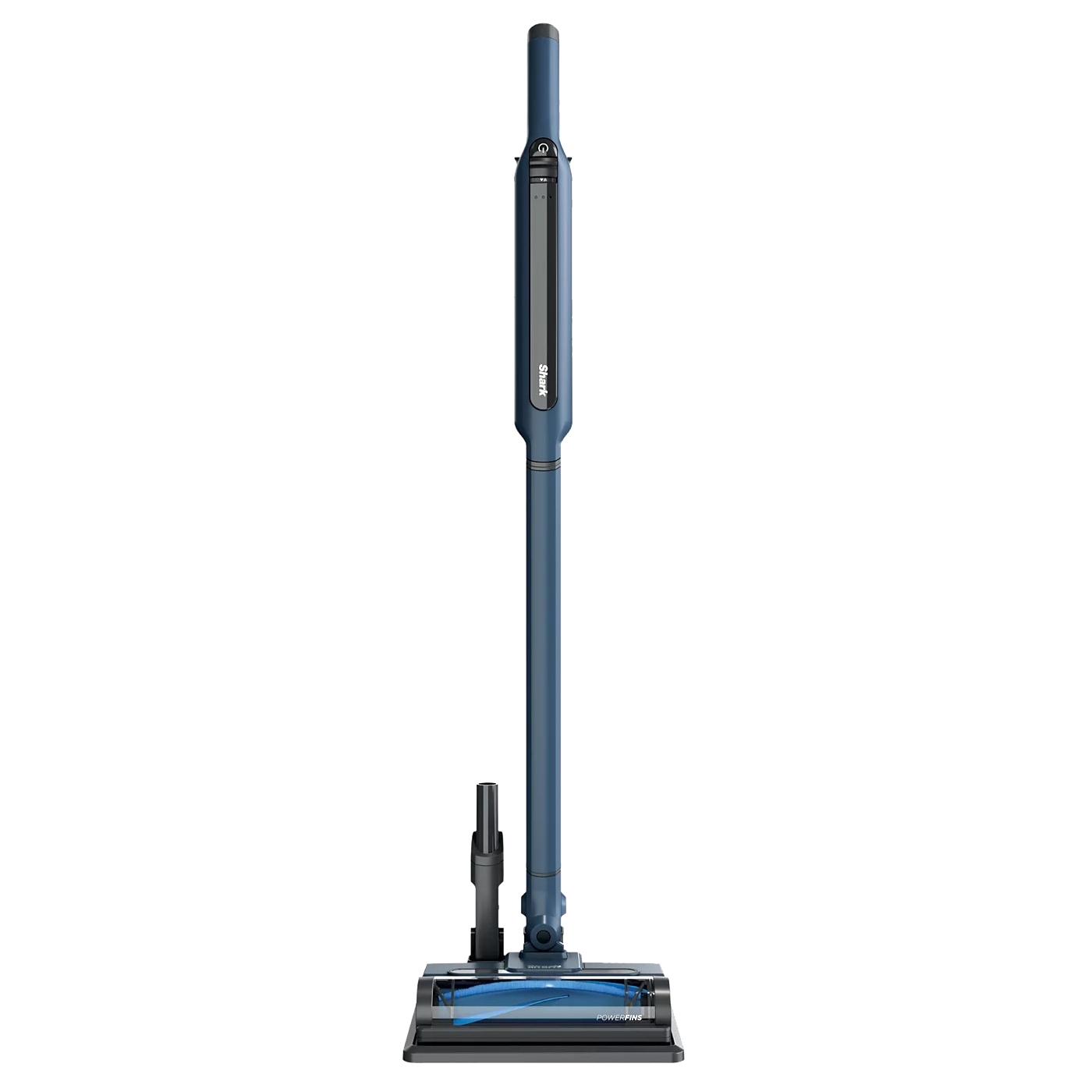 A sleek, blue Shark cordless stick vacuum cleaner with a slim design, featuring a brush head with \“PowerFins\“ technology.