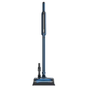 A sleek, blue Shark cordless stick vacuum cleaner with a slim design, featuring a brush head with \“PowerFins\“ technology.