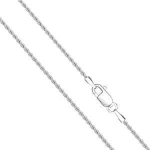 A silver rope chain necklace with a lobster clasp fastening, featuring a twisted, textured design.