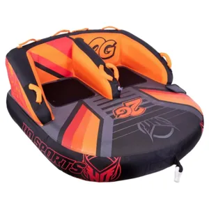 Inflatable water towable tube with seating for two, featuring vibrant orange and black graphics, equipped with multiple grab handles and backrests designed for towing behind a boat.
