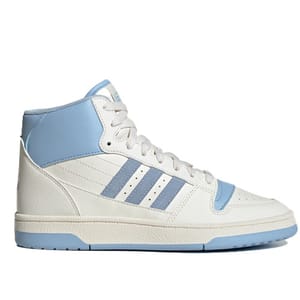 Adidas Women's Break Start Mid Shoes feature a mid-top design with white leather uppers, light blue accents, and the signature three stripes. They have a classic sports look with a cushioned sole and lace-up closure for comfort and style.