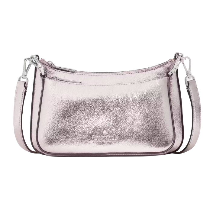 A metallic pink leather shoulder bag with a simple, elegant design featuring a detachable strap and minimalist branding on the front.