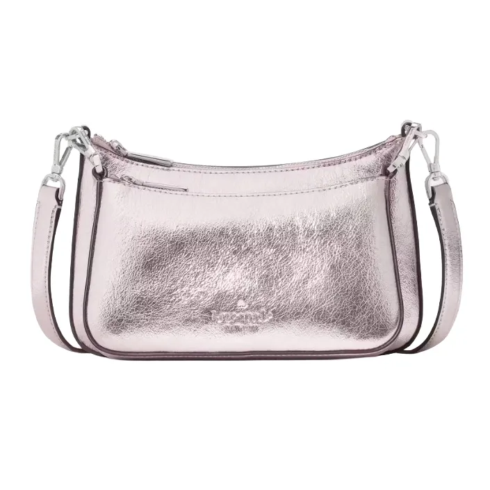 A metallic pink leather shoulder bag with a simple, elegant design featuring a detachable strap and minimalist branding on the front.