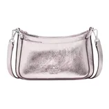 A metallic pink leather shoulder bag with a simple, elegant design featuring a detachable strap and minimalist branding on the front.