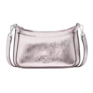 A metallic pink leather shoulder bag with a simple, elegant design featuring a detachable strap and minimalist branding on the front.
