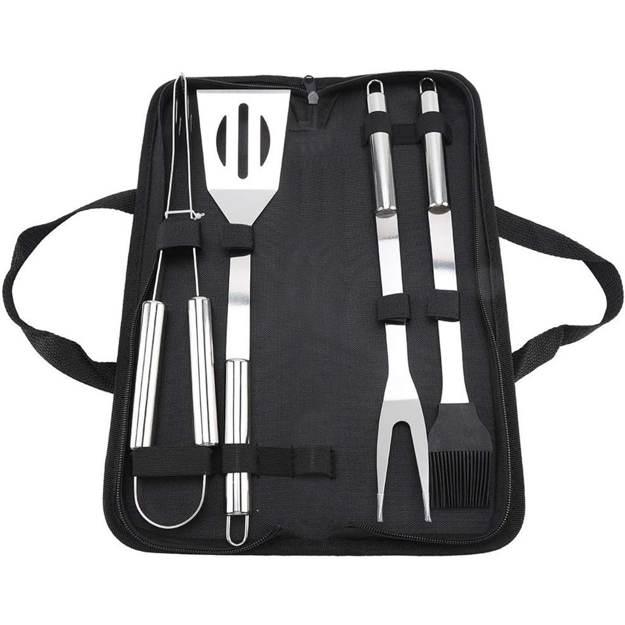 A 4-piece grill tool set in a black case includes stainless steel tongs, a slotted spatula, a barbecue fork, and a basting brush with long handles for outdoor grilling.