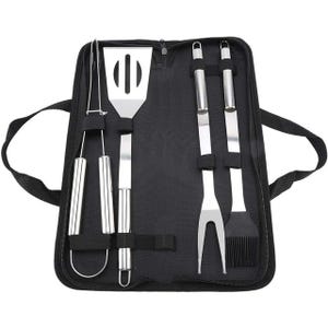 A 4-piece grill tool set in a black case includes stainless steel tongs, a slotted spatula, a barbecue fork, and a basting brush with long handles for outdoor grilling.