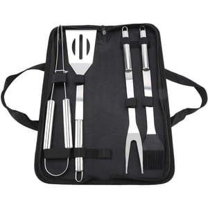 A 4-piece grill tool set in a black case includes stainless steel tongs, a slotted spatula, a barbecue fork, and a basting brush with long handles for outdoor grilling.