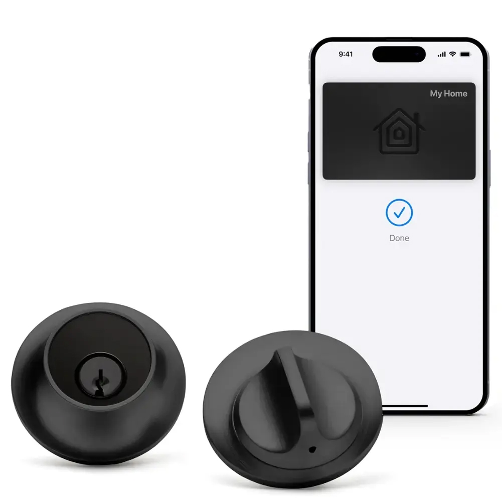 The Level Lock+ Smart Lock is a sleek black smart door lock system with a keyhole and a turn knob, shown alongside a smartphone app interface for secure home access.