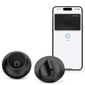 The Level Lock+ Smart Lock is a sleek black smart door lock system with a keyhole and a turn knob, shown alongside a smartphone app interface for secure home access.