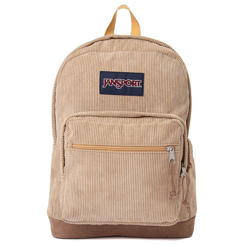 Tan Jansport backpack with a corduroy texture, featuring a front zipper pocket and a top handle.
