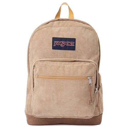 Tan Jansport backpack with a corduroy texture, featuring a front zipper pocket and a top handle.