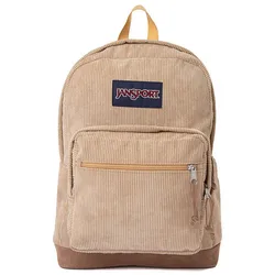 Tan Jansport backpack with a corduroy texture, featuring a front zipper pocket and a top handle.