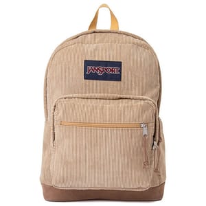 Tan Jansport backpack with a corduroy texture, featuring a front zipper pocket and a top handle.