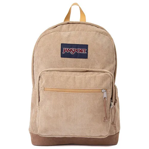 Tan Jansport backpack with a corduroy texture, featuring a front zipper pocket and a top handle.