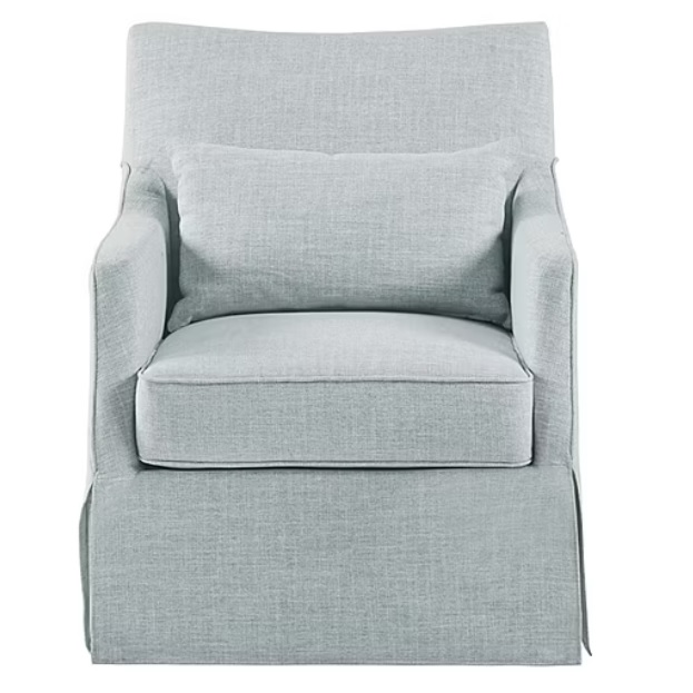 Light blue upholstered armchair with a matching pillow. It features a sleek, modern design with clean lines and a comfortable, padded seat.