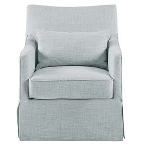 Light blue upholstered armchair with a matching pillow. It features a sleek, modern design with clean lines and a comfortable, padded seat.