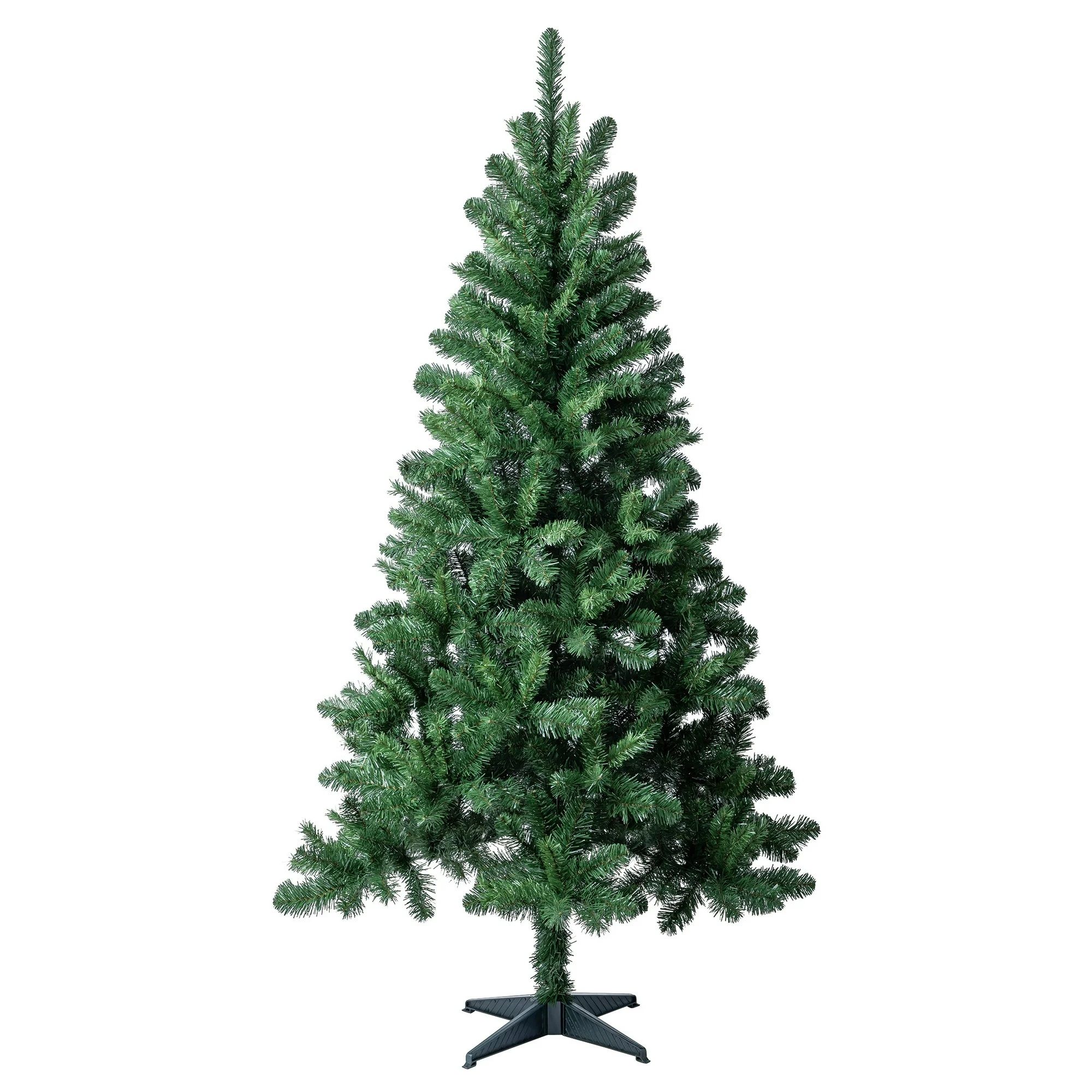 A 6.5-foot artificial Christmas tree with dense, green branches and a sturdy plastic stand, suitable for indoor decoration.