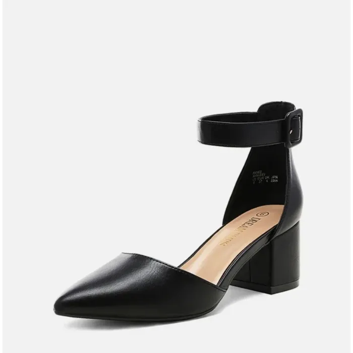 Black ankle strap heel with a pointed toe and chunky heel.