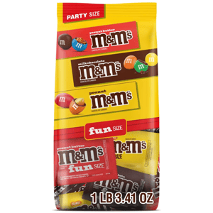 Party Size bag of M&M's featuring three types: peanut butter, milk chocolate, and peanut fun size. Bag weight: 1 lb 3.41 oz.