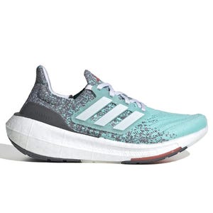 Adidas Ultraboost Light Running Shoes feature a breathable turquoise and gray knit upper, signature three-stripe design, lightweight Boost cushioning, and a durable white midsole for enhanced comfort and performance.