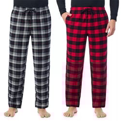 Two pairs of plaid pajama pants, one with black and white checks and the other with red and black checks, both featuring drawstrings and pockets.