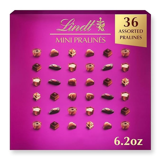 Lindt Mini Pralinés set includes 36 assorted pralines in a 6.2 oz box, featuring various small chocolates with different fillings, presented in a vibrant purple packaging.