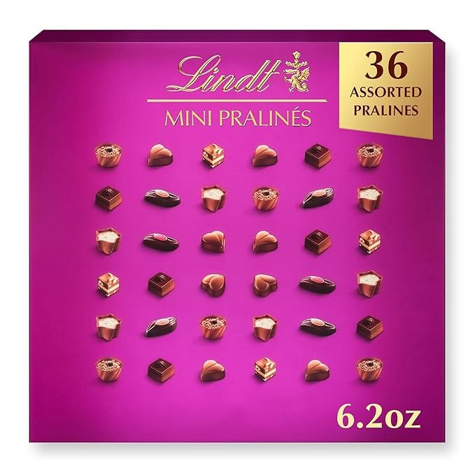 Lindt Mini Pralinés set includes 36 assorted pralines in a 6.2 oz box, featuring various small chocolates with different fillings, presented in a vibrant purple packaging.